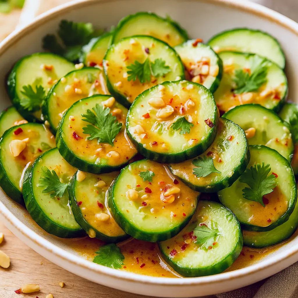 Sliced cucumbers tossed in creamy spicy peanut sauce, topped with toasted peanuts and fresh herbs.