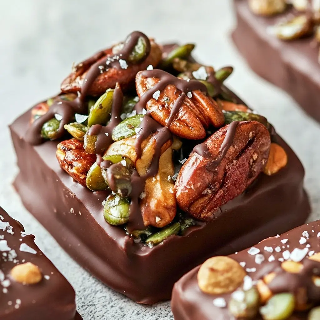 Close-up of Dark Chocolate Nut Squares made with roasted Baking Nuts, crunchy Chocolate Nuts, and Pumpkin Pecan mix, drizzled with dark chocolate — a Super Yummy, Healthy Dessert and Power Snacks alternative to Sugary Snacks, perfect as High Protein Snacks or homemade Crunch Bar treats.