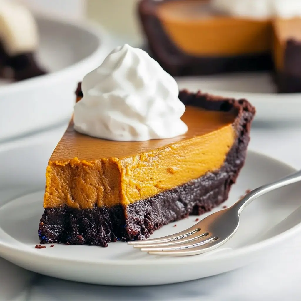 Close-up of a sliced dark-chocolate tart filled with smooth spiced pumpkin custard, topped with a dollop of whipped cream and a sprinkle of cinnamon, Pumpkin Chocolate Dessert.