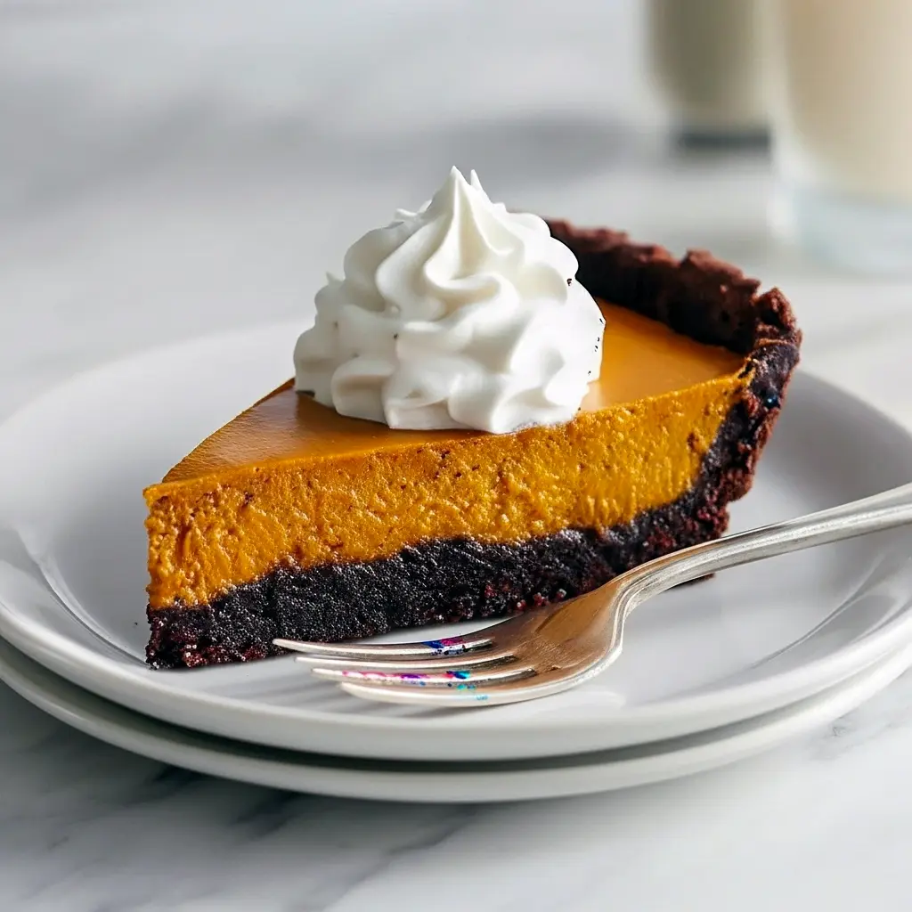 Close-up of a sliced dark-chocolate tart filled with smooth spiced pumpkin custard, topped with a dollop of whipped cream and a sprinkle of cinnamon.