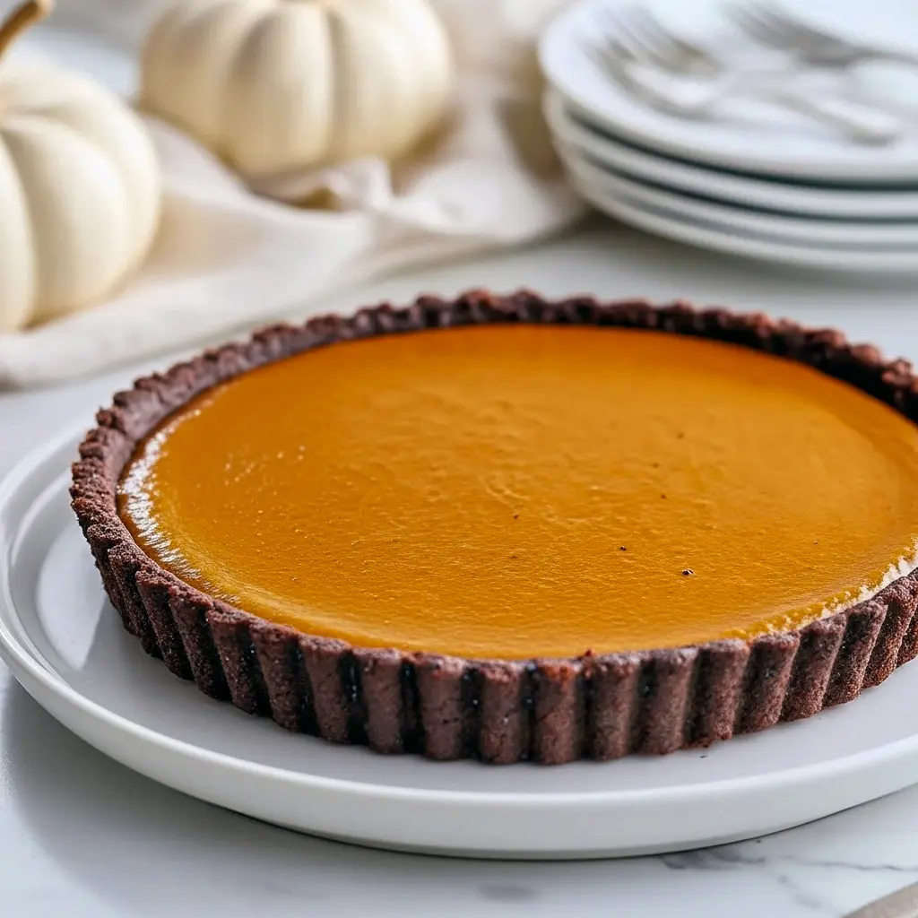 Close-up of a sliced dark-chocolate tart filled with smooth spiced pumpkin custard, topped with a dollop of whipped cream and a sprinkle of cinnamon.