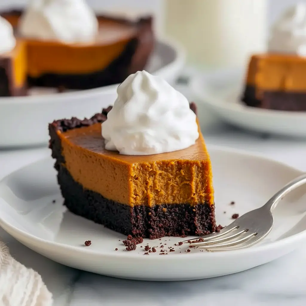 Dark chocolate pumpkin tart slice with glossy ganache, whipped cream dollop, and toasted pepitas on a rustic plate, Pumpkin Chocolate Dessert.
