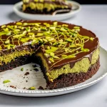 Layered chocolate cake with glossy ganache, pistachio filling oozing from the center, topped with toasted kataifi and crushed pistachios.