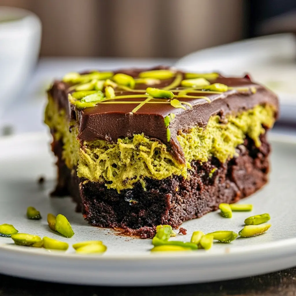 Layered chocolate cake with glossy ganache, pistachio filling oozing from the center, topped with toasted kataifi and crushed pistachios, Dubai Chocolate Birthday Cake.