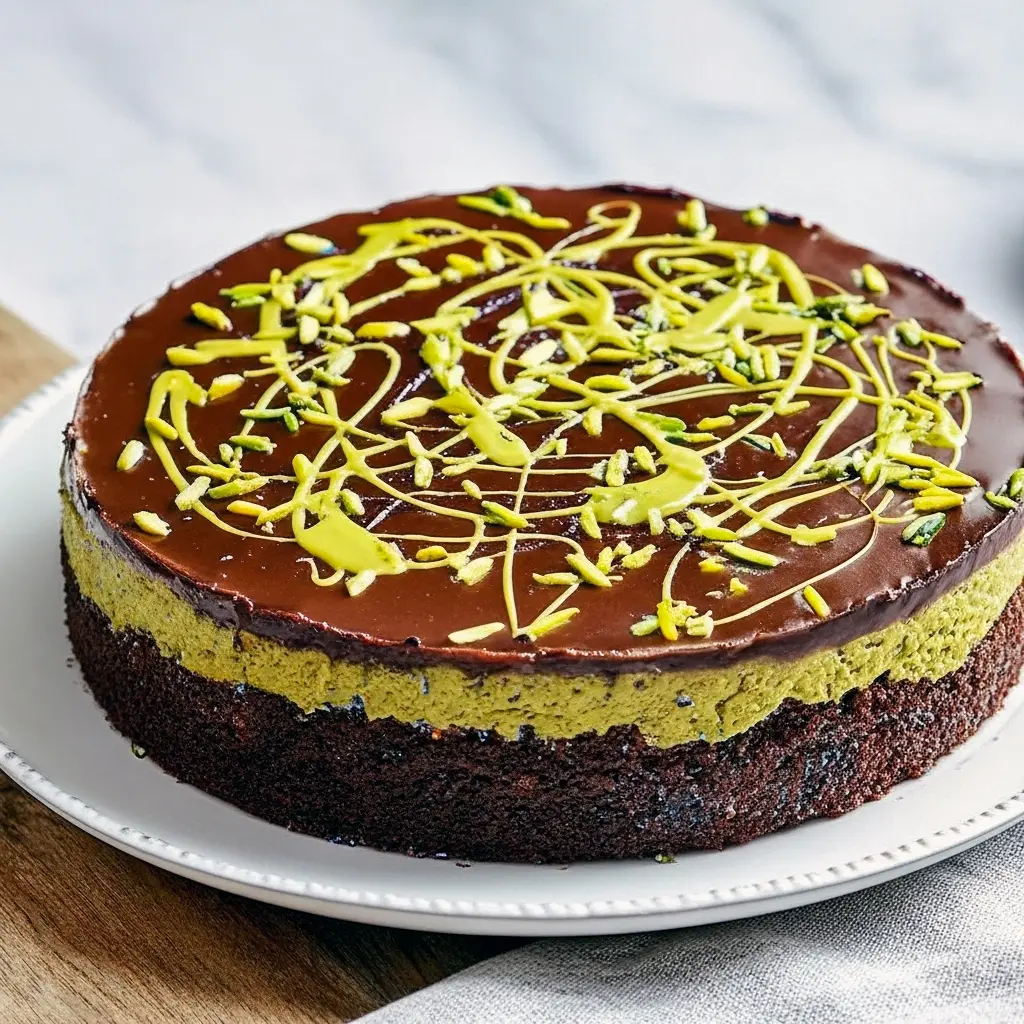 Layered chocolate cake with glossy ganache, pistachio filling oozing from the center, topped with toasted kataifi and crushed pistachios, Dubai Chocolate Birthday Cake.