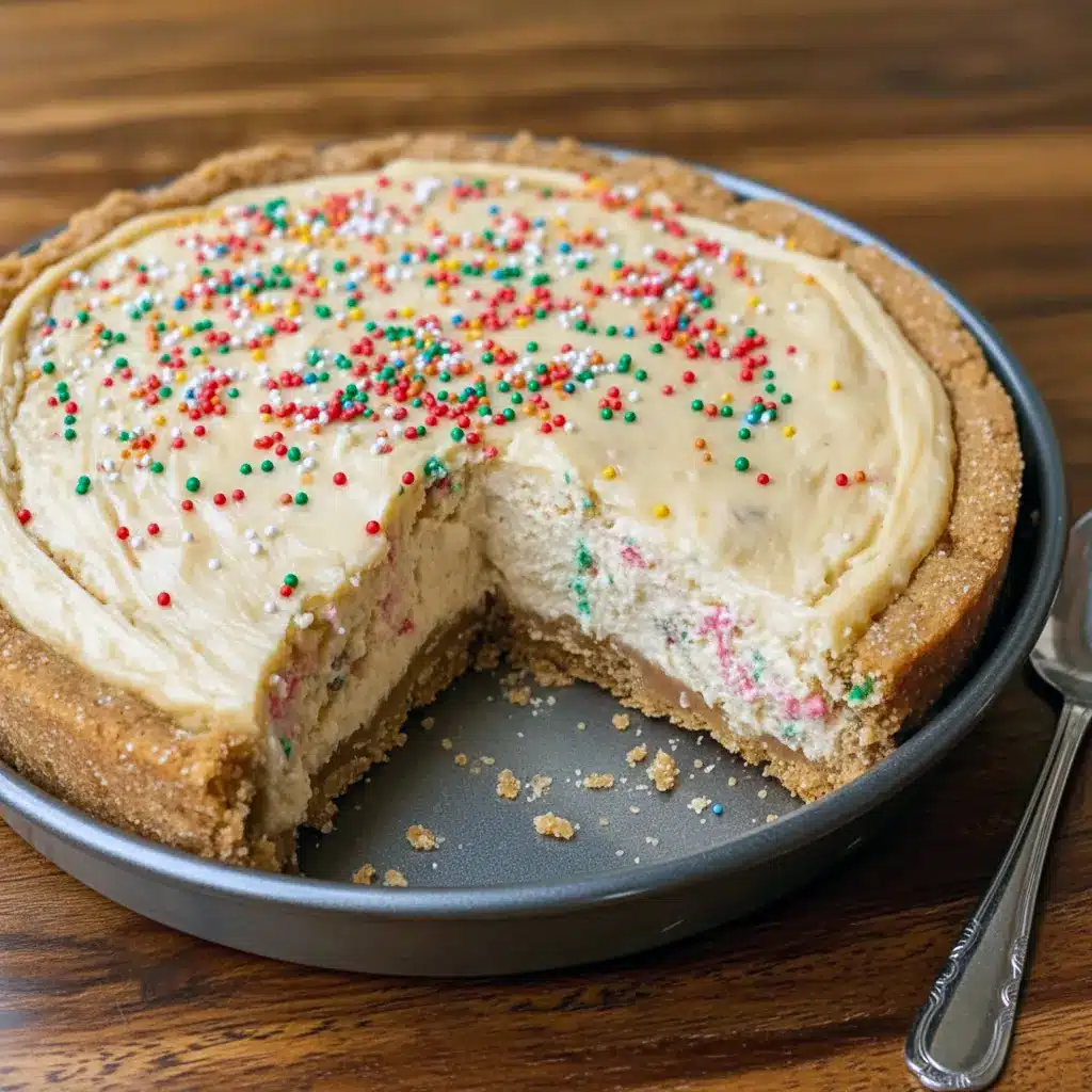 Slice of Sugar Cookie Cheesecake with white chocolate ganache and sprinkles on a plate, styled to showcase a crisp Cookie Cheesecake Crust, nod to Vanilla Cookie Crust Cheesecake, festive Holiday Cookie Cheesecake appeal, and the nostalgic convenience of Pillsbury Christmas Cookie Cheesecake or Pilsbury Cookie Crust Cheesecake; perfect for fans of Buttery Sugar Cookies, elevated Cheesecake Desserts, and holiday Sweet Snacks Recipes.