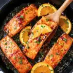 Close-up of a glossy orange-glazed salmon fillet on a white plate, garnished with orange slices and parsley, served with rice and roasted asparagus.