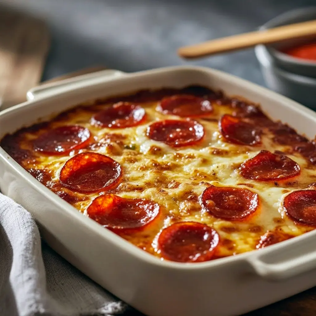 Golden, cheesy pizza-style cottage cheese bake topped with melted mozzarella and pepperoni.