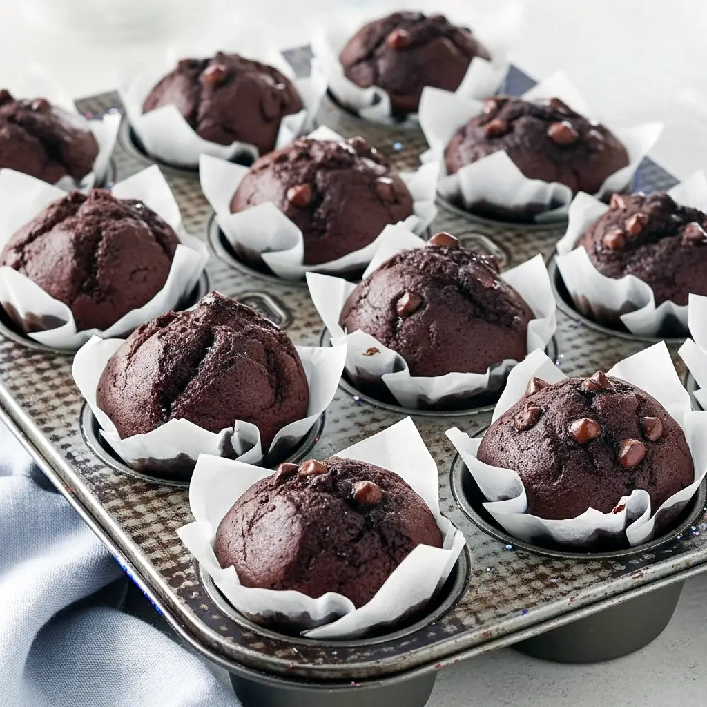 Close-up of a tall, gooey double chocolate espresso muffin with shiny melted chips — a top pick for Chocolate Brunch Recipes, cozy Warm Sweet Treats, decadent Double Chocolate Recipes, and classic Coffee Chocolate Muffins.