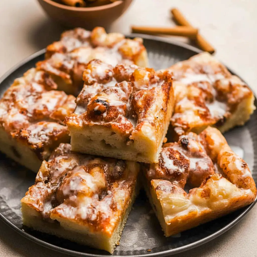 Golden, sheet-baked cinnamon focaccia swirled with cinnamon-sugar, glazed and cut into squares on a cooling rack, Brunch Baked Goods.