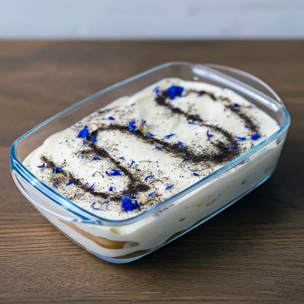 Close-up of layered mascarpone and tea-soaked ladyfingers topped with powdered tea and cornflower petals — a floral Tea Tiramisu, showcasing the elegant Earl Grey Tiramisu ideal for a refined Tea Dessert, Earl Grey Tiramisu Recipe.