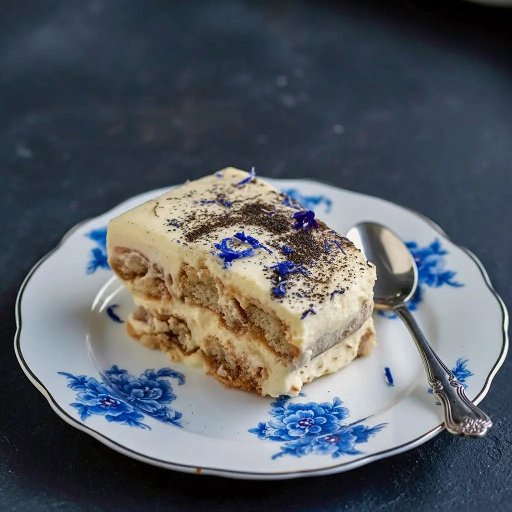 Close-up of layered mascarpone and tea-soaked ladyfingers topped with powdered tea and cornflower petals — a floral Tea Tiramisu, showcasing the elegant Earl Grey Tiramisu ideal for a refined Tea Dessert.