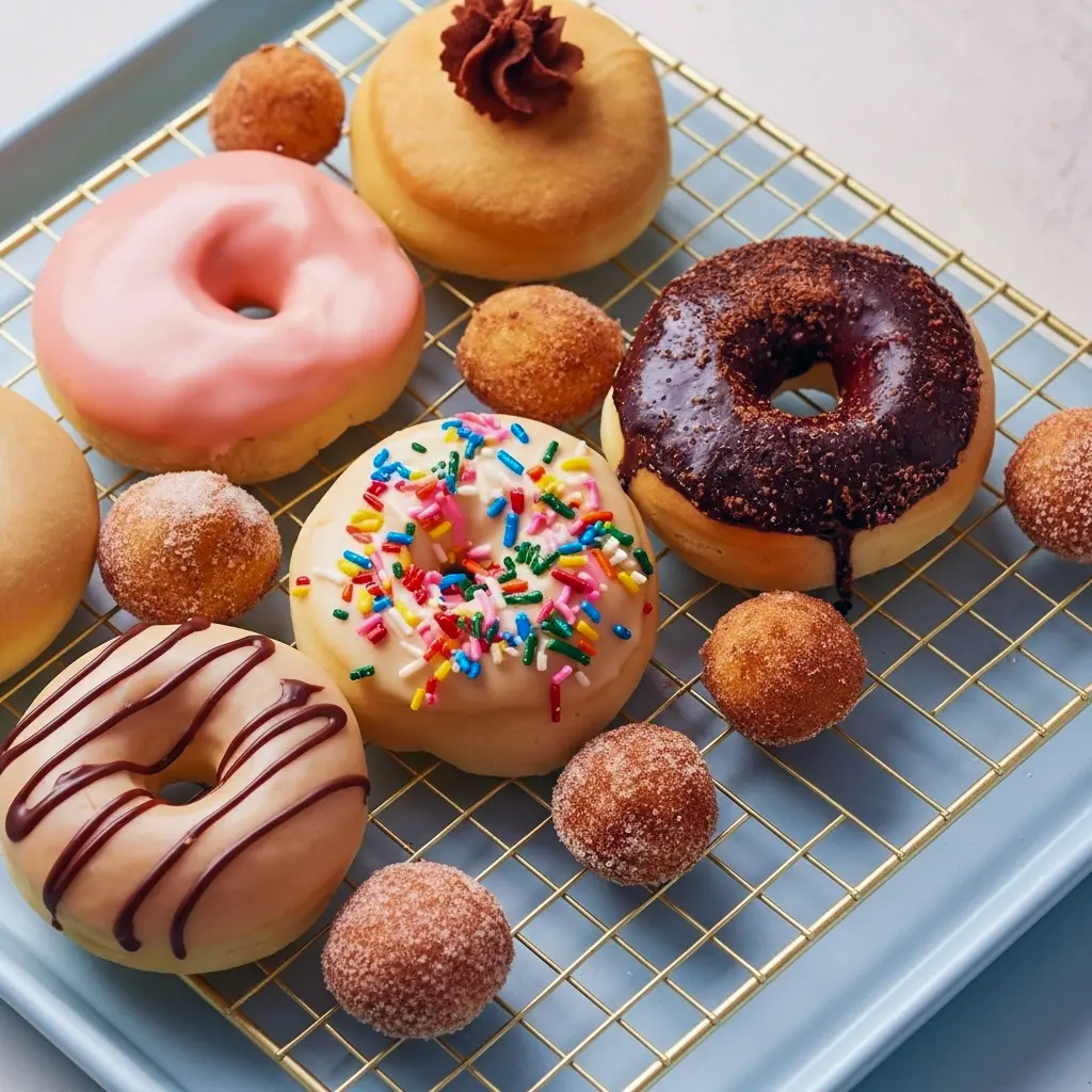 Close-up of golden, fluffy baked donuts coated in shiny vanilla glaze and colorful sprinkles — a cozy Doughnuts Recipe Baked perfect for Fall Breakfast Baked Goods or Yeast Baked Goods lovers.