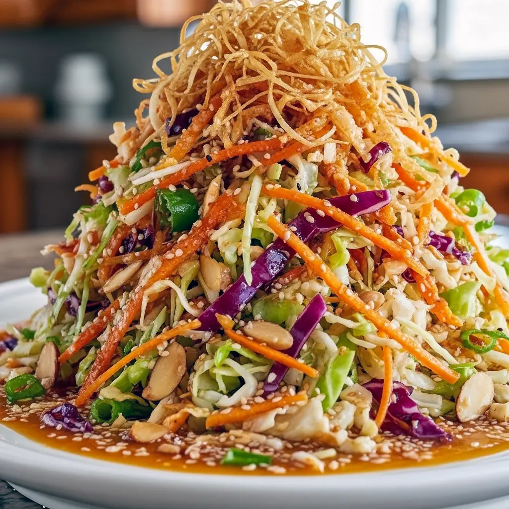Bowl of colorful Cabbage Slaw made with napa cabbage, red cabbage, carrots, bell peppers, and cilantro, tossed in creamy Sesame Dressing for a fresh Asian Salad that rivals any Traditional Coleslaw Recipe — a healthy side dish that feels like a gourmet upgrade from Suddenly Salad and fits beautifully into light meals, potlucks, or even Bariatric Recipes, with flavors you’d find in Rachael Ray Recipes, Ina Garten Recipes, and variations with Shredded Brussel Sprouts.