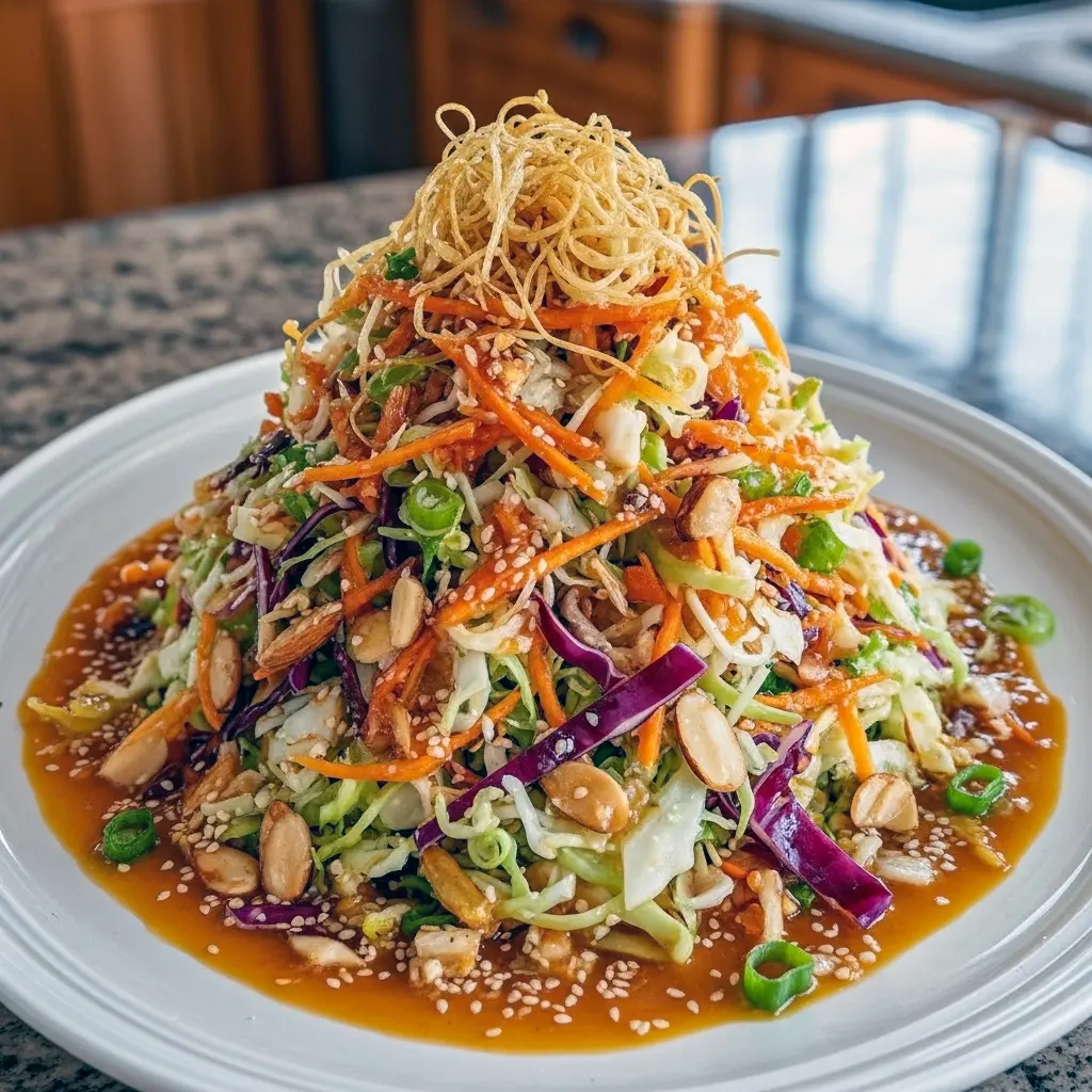 Bowl of colorful Cabbage Slaw made with napa cabbage, red cabbage, carrots, bell peppers, and cilantro, tossed in creamy Sesame Dressing for a fresh Asian Salad that rivals any Traditional Coleslaw Recipe — a healthy side dish that feels like a gourmet upgrade from Suddenly Salad and fits beautifully into light meals, potlucks, or even Bariatric Recipes, with flavors you’d find in Rachael Ray Recipes, Ina Garten Recipes, and variations with Shredded Brussel Sprouts.