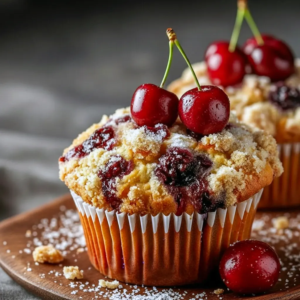 Close-up of warm, golden Cherry Pie Muffins with a crunchy streusel and glossy cherry centers — also shown as a pantry-friendly Dried Cherry Muffins option, a tart Sour Cherry Muffins variation, and a classic Cherry Muffins breakfast stack, Cherry Cobbler Muffins.