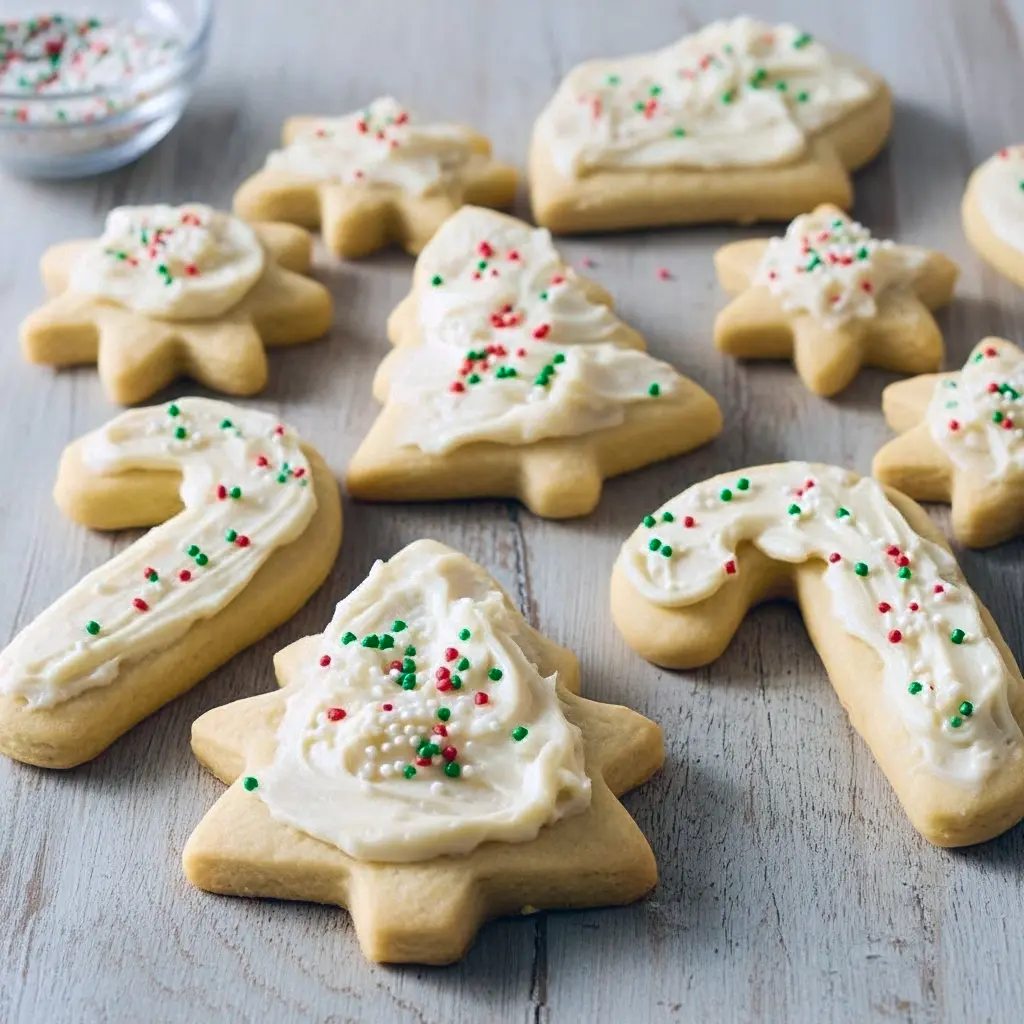 Soft Eggnog Cookies topped with creamy frosting and festive sprinkles, a perfect Unique Christmas Treats idea for the holidays.