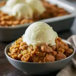 Skillet of warm pumpkin crisp with golden streusel and melting ice cream — perfect for Fall Dessert Recipes, weekend Fall Baking, a quick Trifle remix, or any Pumpkin Recipes roundup.