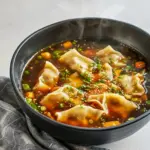 Steaming bowl of potsticker soup with greens and scallions, a cozy shot that screams Meals That Last All Week, perfect for Suppers For One, listed among Good Easy Soup Recipes and classic Soup Hearty Comfort Foods.