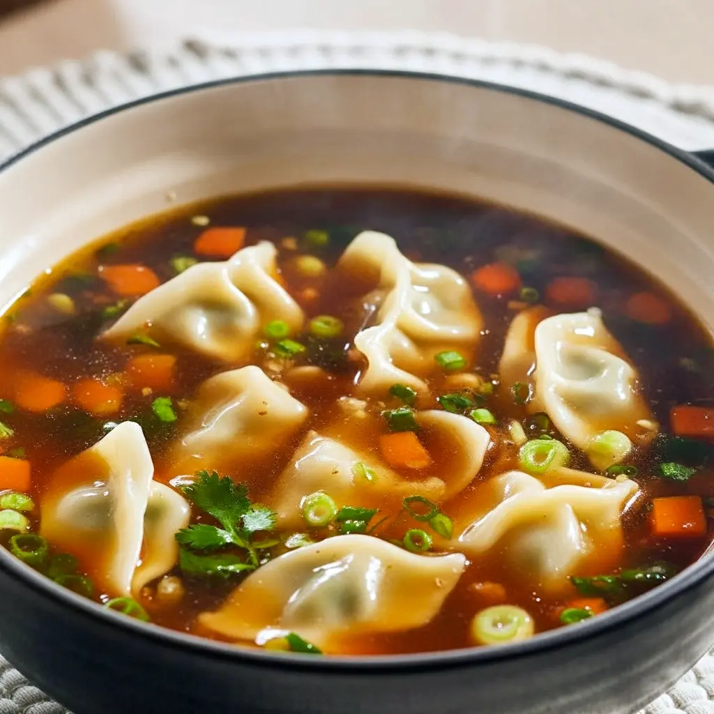 Steaming bowl of potsticker soup with greens and scallions, a cozy shot that screams Meals That Last All Week, perfect for Suppers For One, listed among Good Easy Soup Recipes and classic Soup Hearty Comfort Foods, Broth Base Soup Recipes.