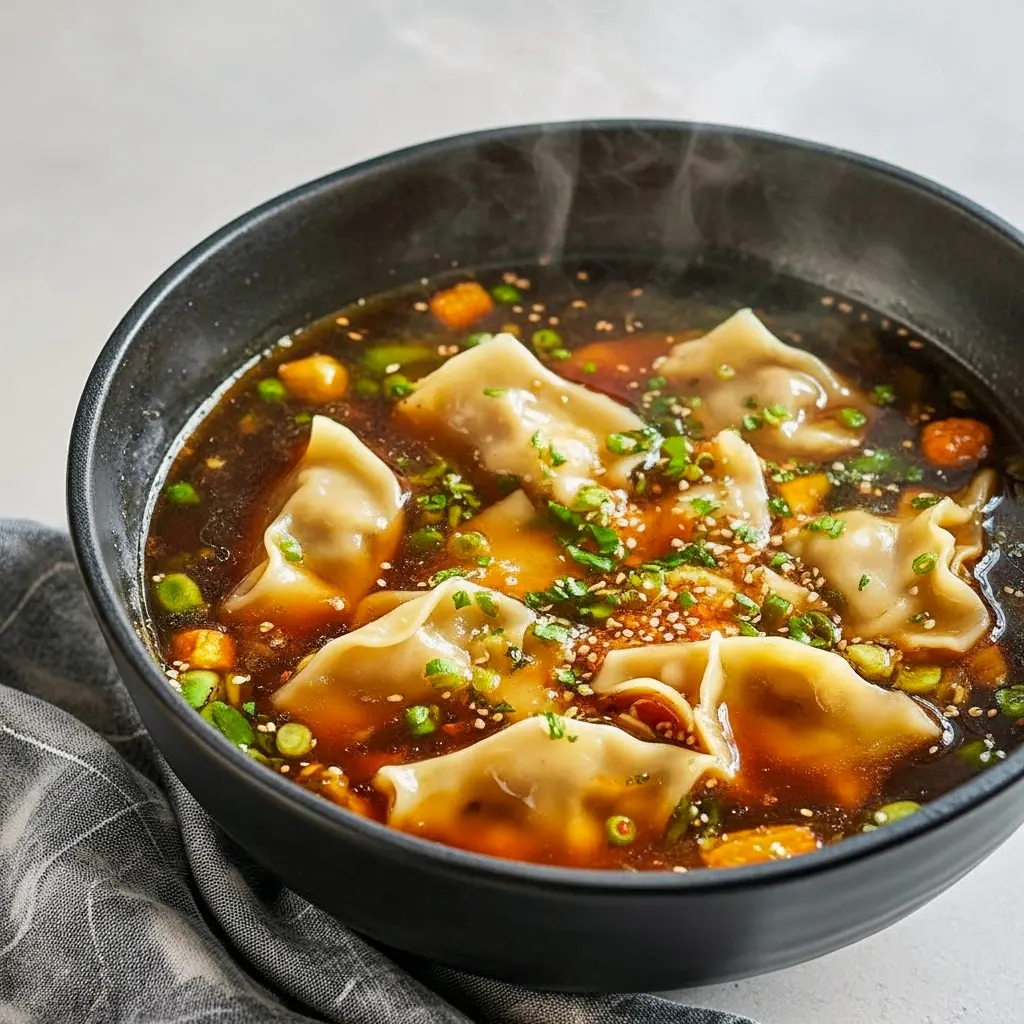 Steaming bowl of potsticker soup with greens and scallions, a cozy shot that screams Meals That Last All Week, perfect for Suppers For One, listed among Good Easy Soup Recipes and classic Soup Hearty Comfort Foods.