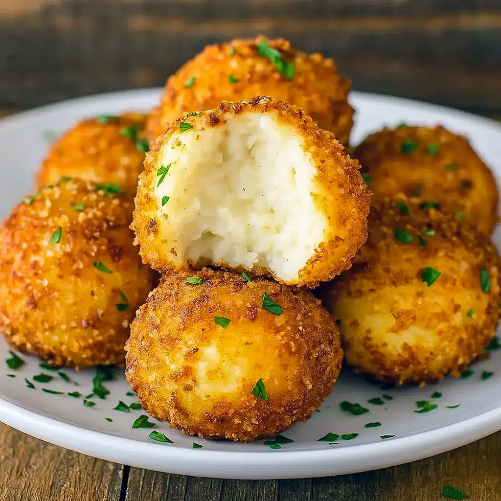 Golden, air-fried mashed potato balls with gooey cheese centers on a serving plate, garnished with chopped parsley and a small bowl of dipping sauce.