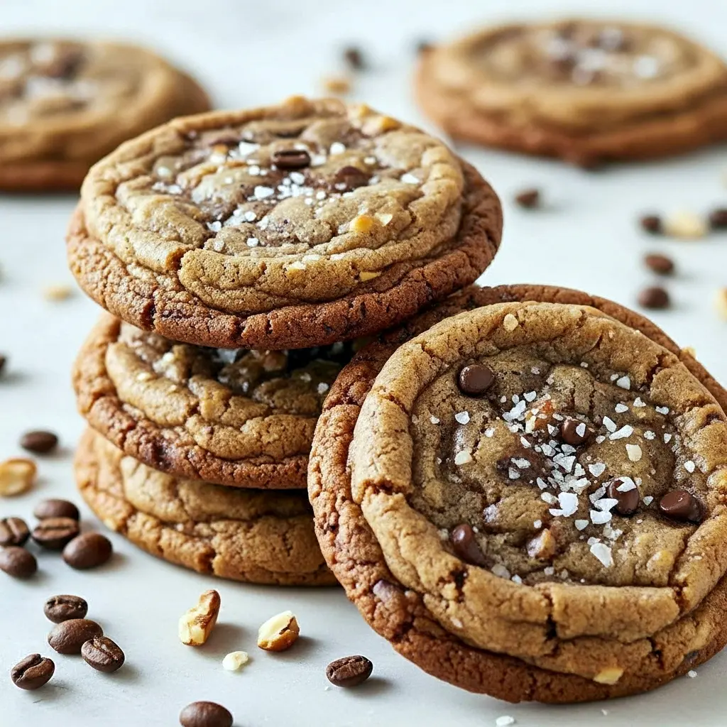 Close-up of stacked cookies: Espresso Brown Butter Cookies, also called Brown Butter Espresso Cookies, showing golden crumbs of Brown Butter Cookies and crunchy Toffee Cookies pieces with a sprinkle of sea salt.