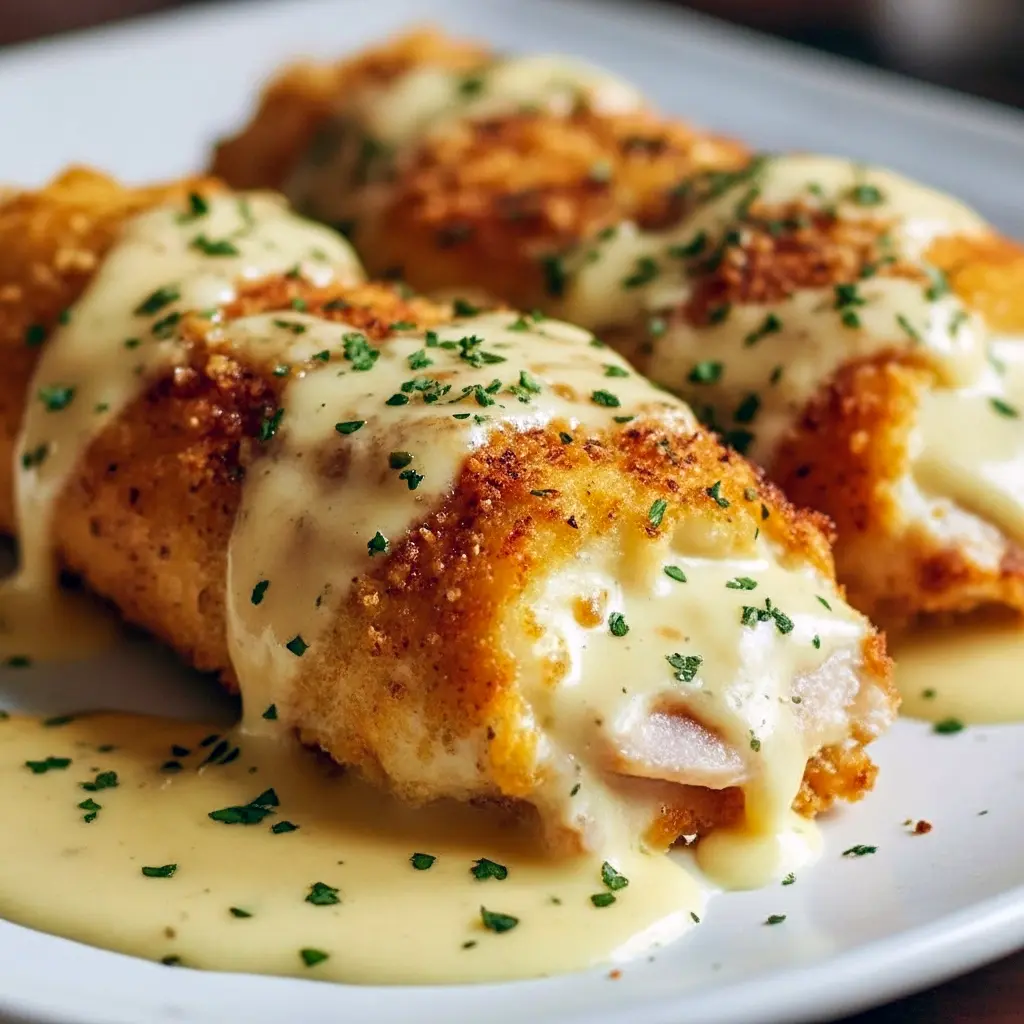 Golden and crispy Baked Cordon Bleu sliced open to reveal layers of Chicken Ham And Swiss, topped with rich Cordon Bleu Chicken Sauce, served with fresh Cordon Bleu Sides — an easy yet elegant comfort meal idea.