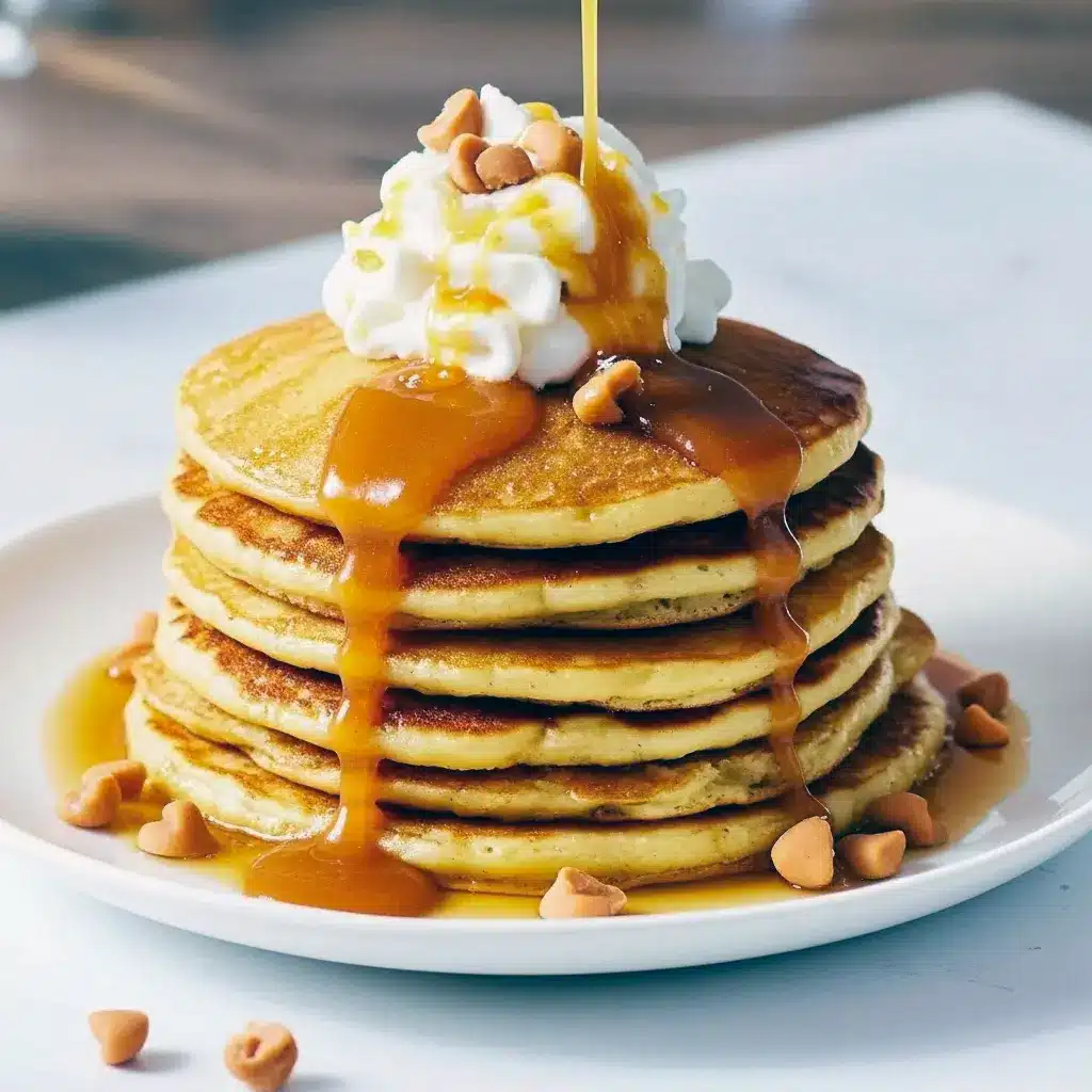 Stack of golden butterscotch-chip pancakes drizzled with butterscotch syrup and topped with whipped cream, styled for a festive Harry Potter–themed brunch.