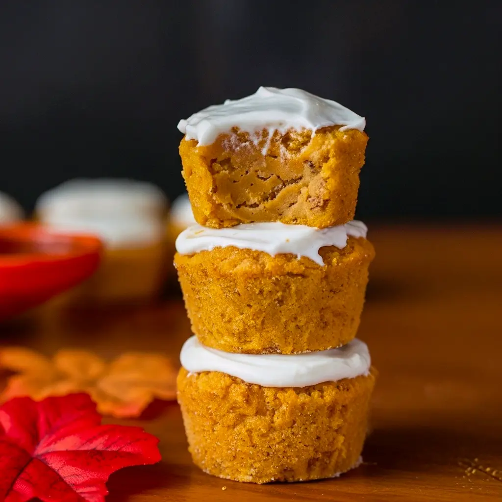 Close-up of golden flourless pumpkin muffins on a cooling rack, tops dusted with cinnamon and one muffin split open to show moist, spiced interior.