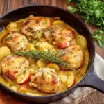 Crispy skin-on chicken thighs in a creamy apple cider sauce with sliced apples and fresh thyme over mashed potatoes.