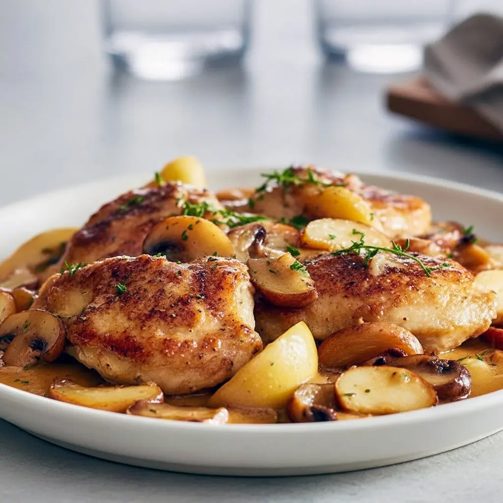 Crispy skin-on chicken thighs in a creamy apple cider sauce with sliced apples and fresh thyme over mashed potatoes, Apple Cider Dinner Recipes.