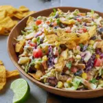 A vibrant bowl of Cabbage Cowboy Salad with black beans, corn, diced peppers, and crispy Fritos tossed in a smoky chipotle dressing — the ultimate Tex-Mex Veggie Slaw perfect for BBQs or Coleslaw Lunch Ideas.