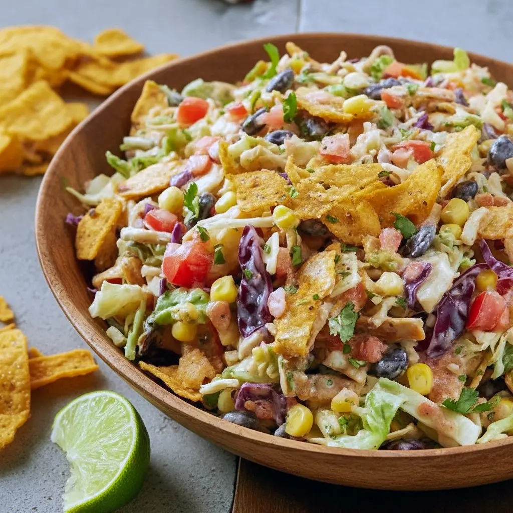 A vibrant bowl of Cabbage Cowboy Salad with black beans, corn, diced peppers, and crispy Fritos tossed in a smoky chipotle dressing — the ultimate Tex-Mex Veggie Slaw perfect for BBQs or Coleslaw Lunch Ideas.