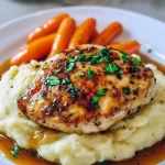 Garlic-herb chicken breast atop creamy mashed potatoes with glossy glazed carrot sticks and a sprinkle of fresh parsley.