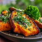Golden garlic-Parmesan sweet potato wedges on a baking sheet, crispy edges and melted cheese, garnished with parsley.