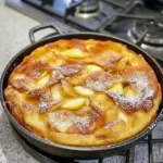 Golden, puffed German apple pancake in a cast-iron skillet topped with caramelized apple slices and a dusting of powdered sugar.