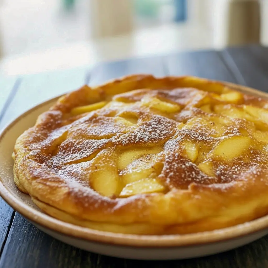 Golden, puffed German apple pancake in a cast-iron skillet topped with caramelized apple slices and a dusting of powdered sugar, Oven Puffed Pancake.