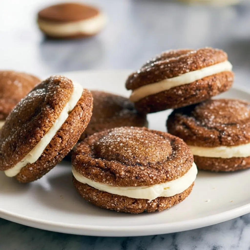 Close-up of spiced Ginger Molasses Cookies filled with eggnog buttercream — a festive Holiday Desserts idea for Christmas Cooking, made as an easy Recette Patisserie Facile where rustic Molasses Cookies become indulgent Sandwich Cookies and bite-size Mini Desserts, perfect Sweets Treats to Eat Dessert after the meal.