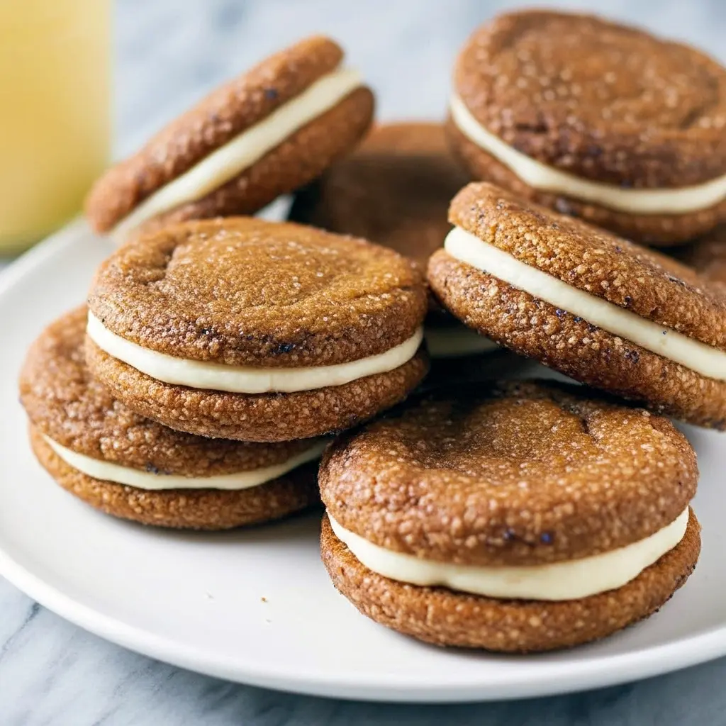 Close-up of spiced Ginger Molasses Cookies filled with eggnog buttercream — a festive Holiday Desserts idea for Christmas Cooking, made as an easy Recette Patisserie Facile where rustic Molasses Cookies become indulgent Sandwich Cookies and bite-size Mini Desserts, perfect Sweets Treats to Eat Dessert after the meal.