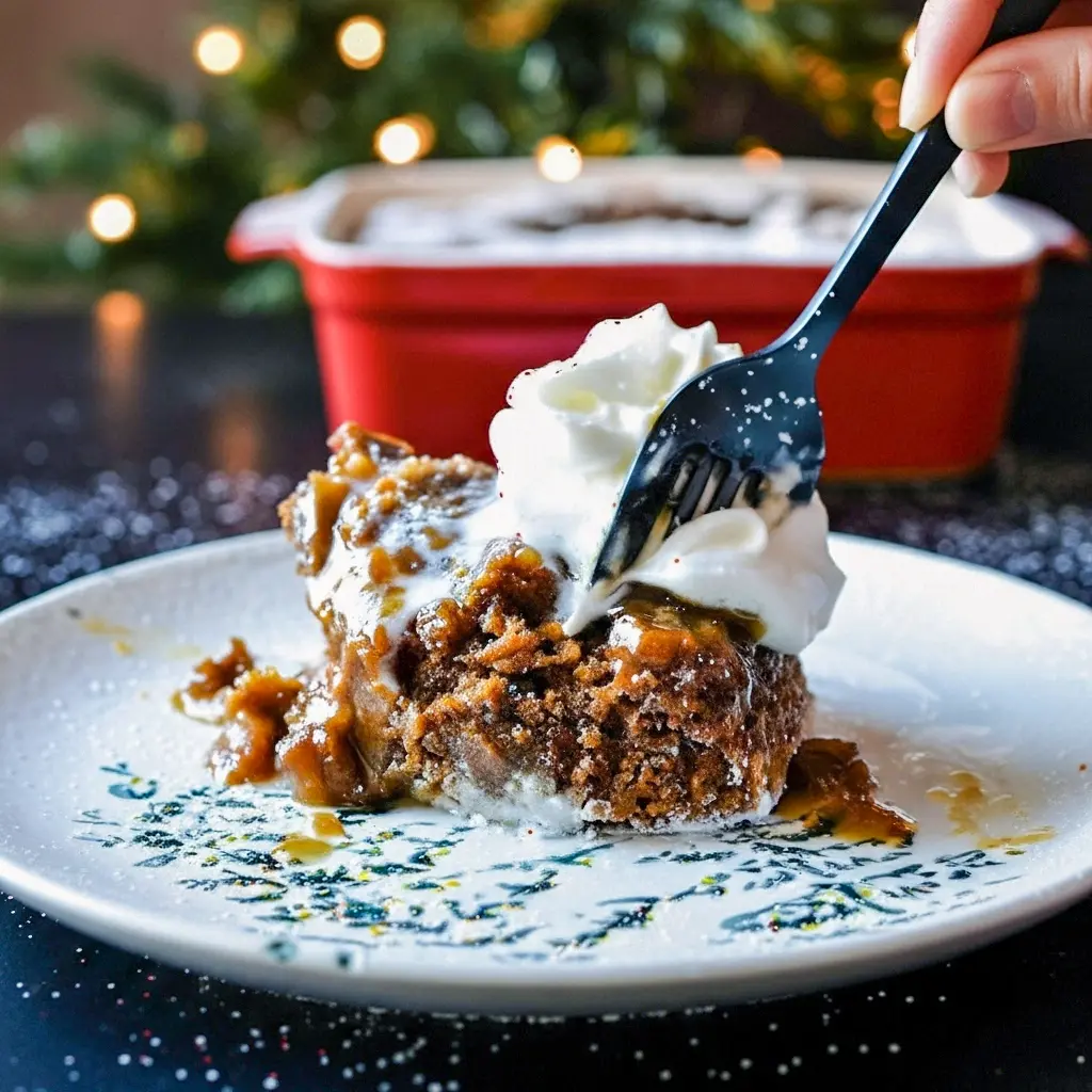 A warm slice of Gingerbread Pudding cake topped with melting vanilla ice cream, showing off its rich Gingerbread Cake With Sauce layer — the ultimate Ginger Cake Christmas dessert for cozy winter nights.