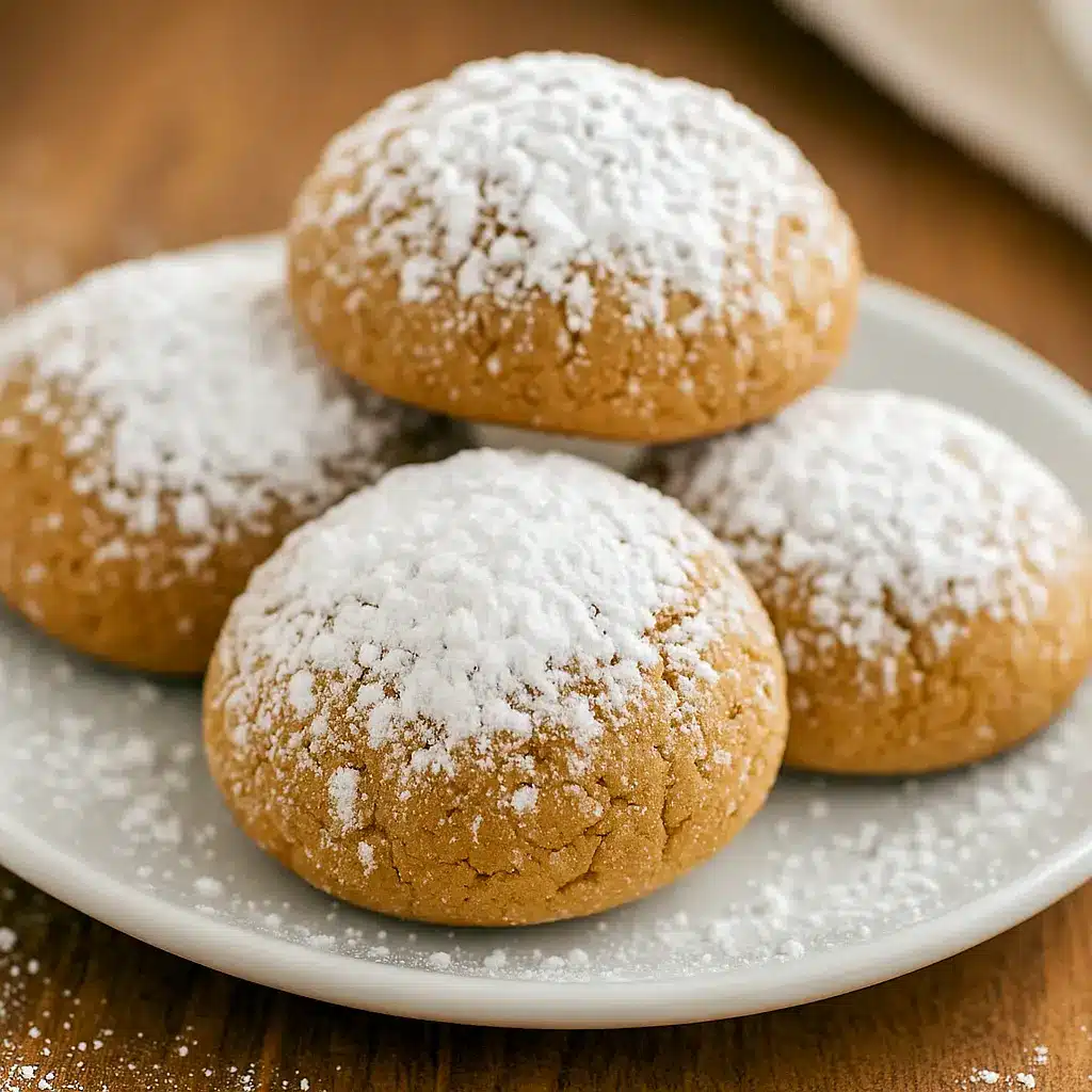 A plate of festive Gingerbread Snowball Cookies rolled in powdered sugar, the perfect Christmas Cookies Snowballs for holiday gatherings. These soft, spiced Ginger Snowball Cookies also work as Gingerbread Balls or even creative Sourdough Snowball Cookies, making them a versatile addition to your dessert table. Pair with Gingerbread Snowballs, fun Gingerbread Thumbprint Cookies, or other bite-sized Ball Cookies for a winter wonderland of Snow Balls Cookies.