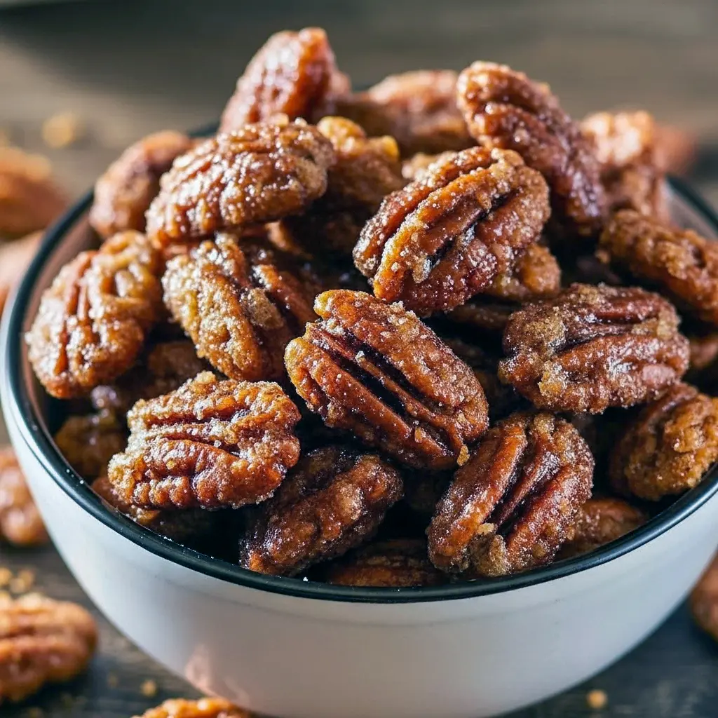 Close-up of golden, gingersnap-coated pecans piled in a jar, showing crunchy spiced coating and scattered sugar crumbs.