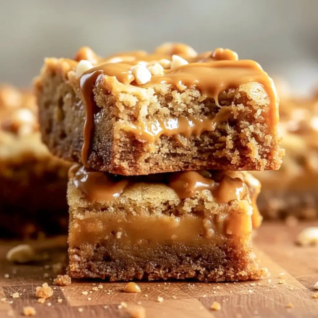 Close-up of sliced gooey butterscotch toffee cookie bars with caramelized toffee pockets and golden, slightly crisp edges on parchment paper, Toffee Cookies.