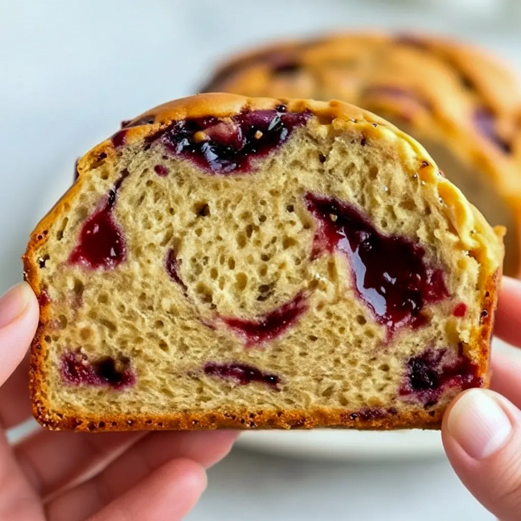 Moist slice of peanut butter and jelly banana bread with visible jam swirls and a golden crust on a wooden board, Top Pb And J Desserts Idea.