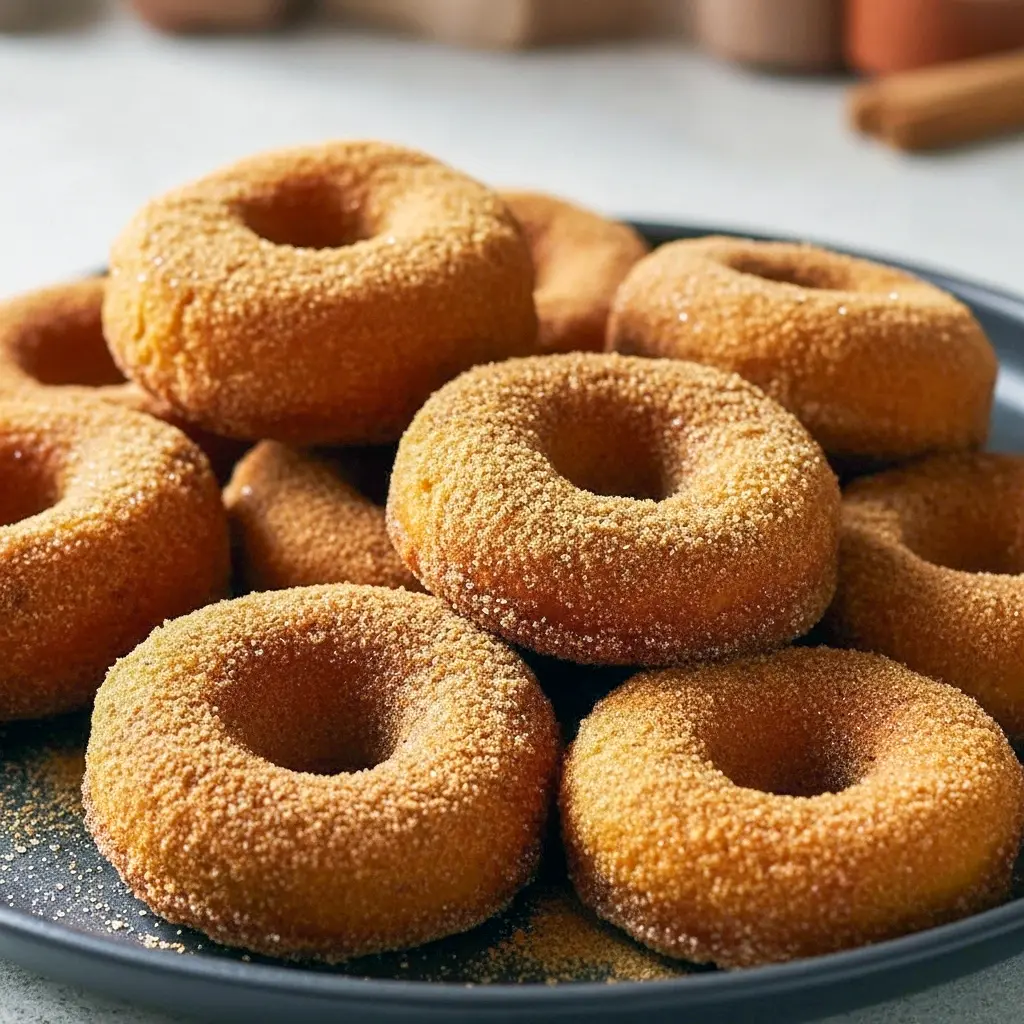 Close-up of cinnamon-sugar coated pumpkin donuts made with almond flour, stacked on a rustic plate with a sprinkle of cinnamon nearby.