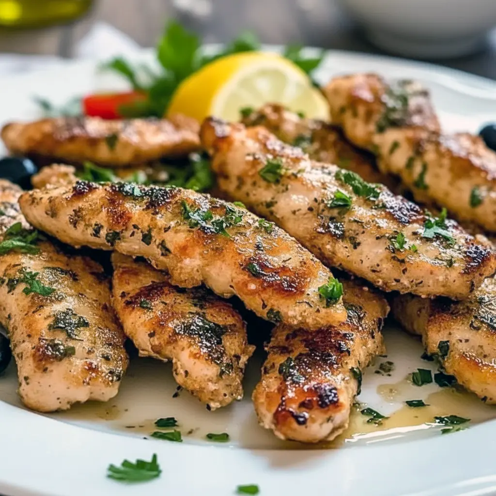 Recipe Chicken Tenderloins on a rustic platter with lemon wedges and chopped herbs, plated for a Light Dinner Menu and presented as a healthier take on Chicken Strip Recipes Healthy, looking absolutely Everything Delish, White Meat Meals.