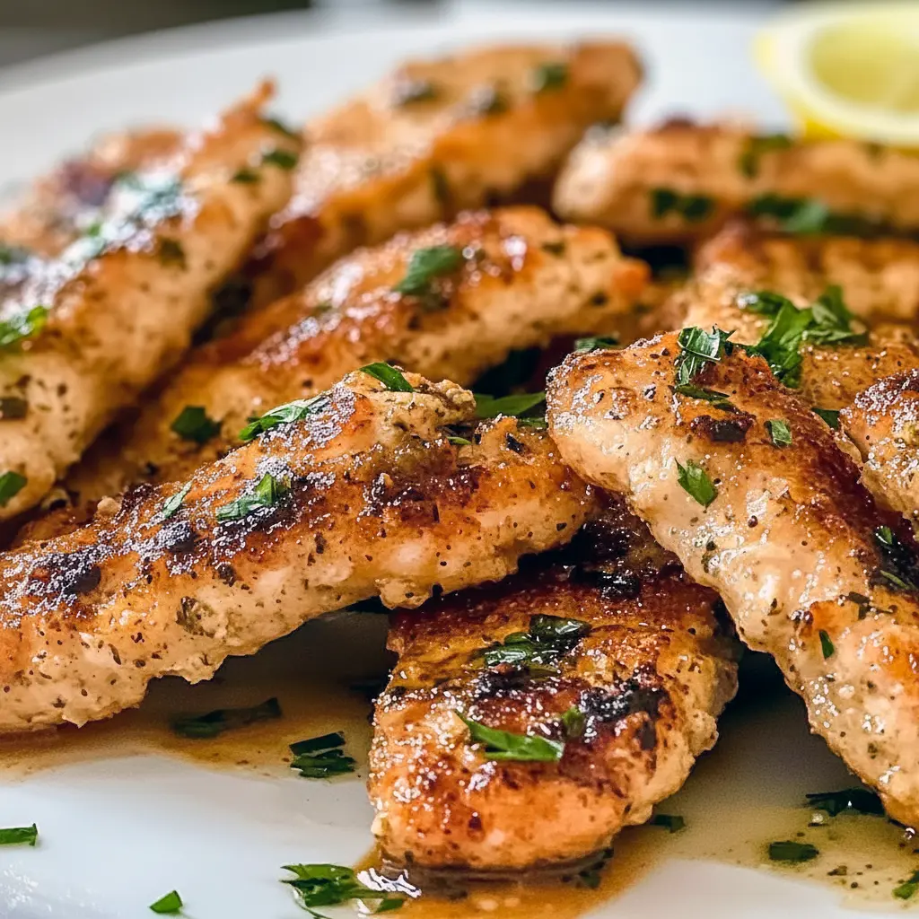 Recipe Chicken Tenderloins on a rustic platter with lemon wedges and chopped herbs, plated for a Light Dinner Menu and presented as a healthier take on Chicken Strip Recipes Healthy, looking absolutely Everything Delish.