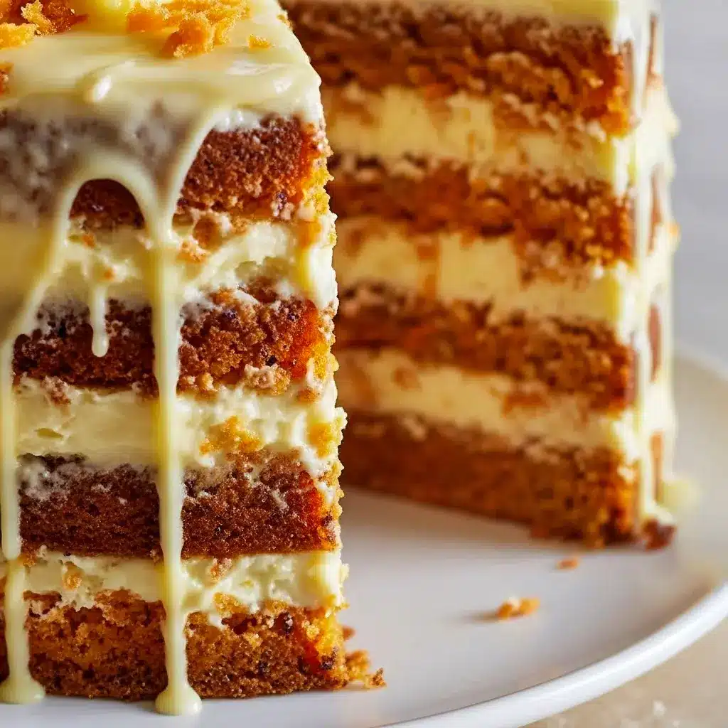 Two-layer carrot and pineapple cake with cream cheese frosting, sprinkled with coconut and chopped walnuts, sliced on a serving plate, Hawaiian Carrot Pineapple Cake.