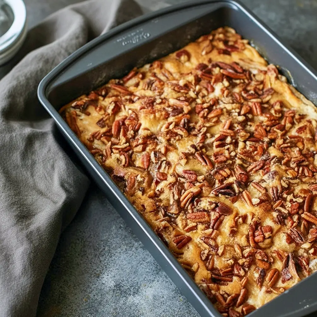 A slice of Healthy Pumpkin Dump Cake with a golden, crunchy pecan topping served on a rustic white plate. The moist, custardy pumpkin layer glows beneath the crumbly topping, dusted lightly with cinnamon sugar. A dollop of whipped cream melts over the warm Gluten Free Pumpkin Cake, surrounded by autumn leaves and a cup of coffee for the perfect Easy Gluten Free Desserts fall moment.